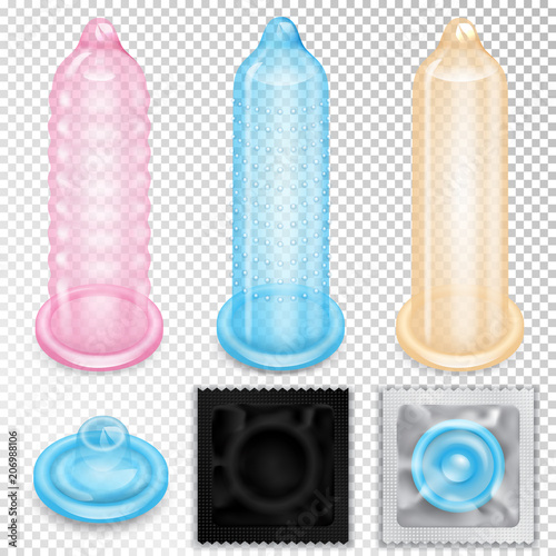 condoms and packages realistic set isolated on transparent background vector illustration