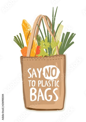 Textile eco friendly reusable shopping bag full of vegetables and other products with inscription Say No To Plastic Bags handwritten with creative font. Colorful hand drawn vector illustration.