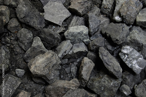 Black coal background or texture. Top view. Coal mining concept. © rahwik