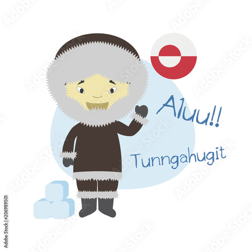 Vector illustration of cartoon character saying hello and welcome in Greenlandic or Inuktitut