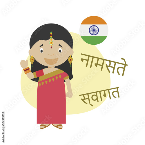 Vector illustration of cartoon character saying hello and welcome in Hindi