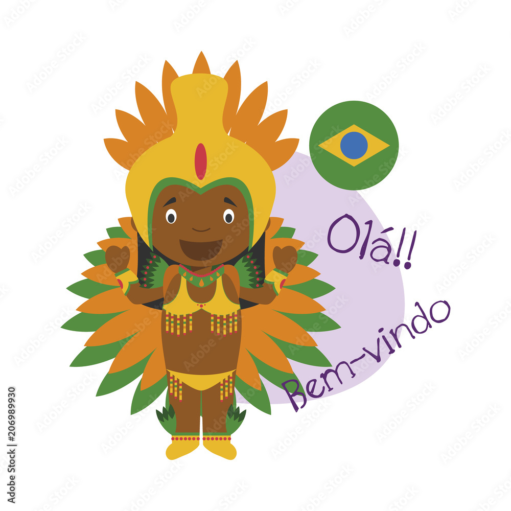 Vector illustration of cartoon character saying hello and welcome in Brazilian