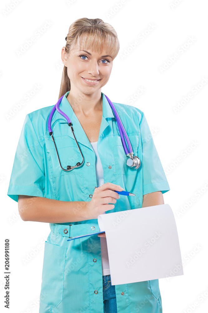 smiling female doctor with clipboard siolated smiling female doctor with clipboard siolated