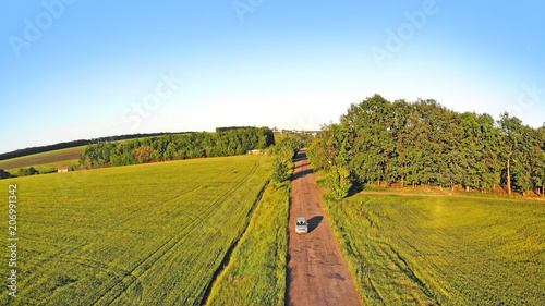 Car drives on the road between two big fields with green wheat. Agriculture landscape.
