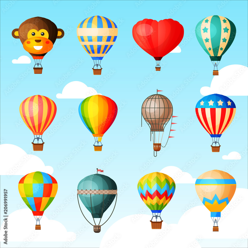 Balloon vector cartoon air-balloon or aerostat with basket flying in sky and ballooning adventure flight illustration set of ballooned traveling isolated on background