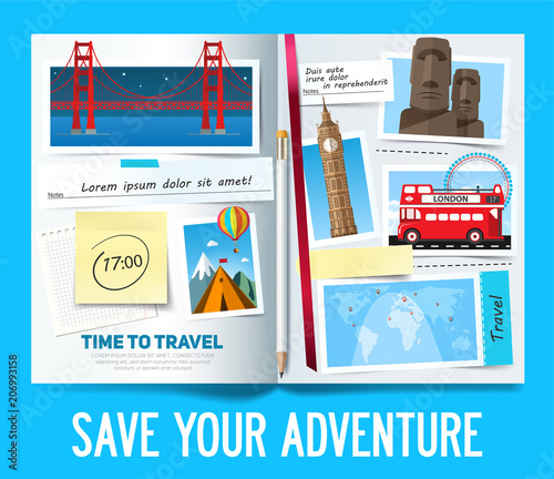 Save your adventure, Stylish trip banner with opened album, photos, notes and stickers. Travel banner concept. Vector
