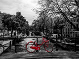 red bicycle standin on a bridge, black and white