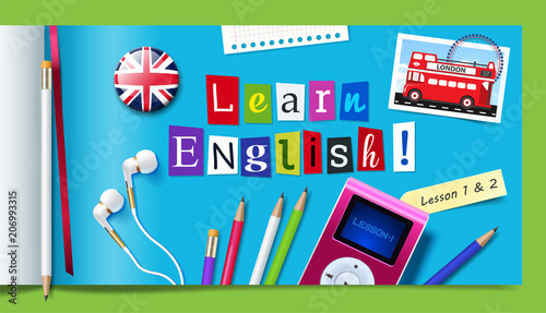 Concept of English language courses. Learn english word made with carved paper letters, pencils, mp3 player and headphones. Vector illustration