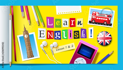 Concept of English language courses. Learn english word made with carved paper letters, pencils, mp3 player and headphones. Vector illustration