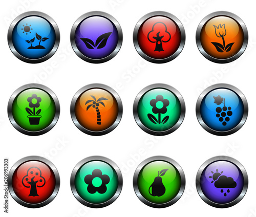 plants vector icons on color glass buttons