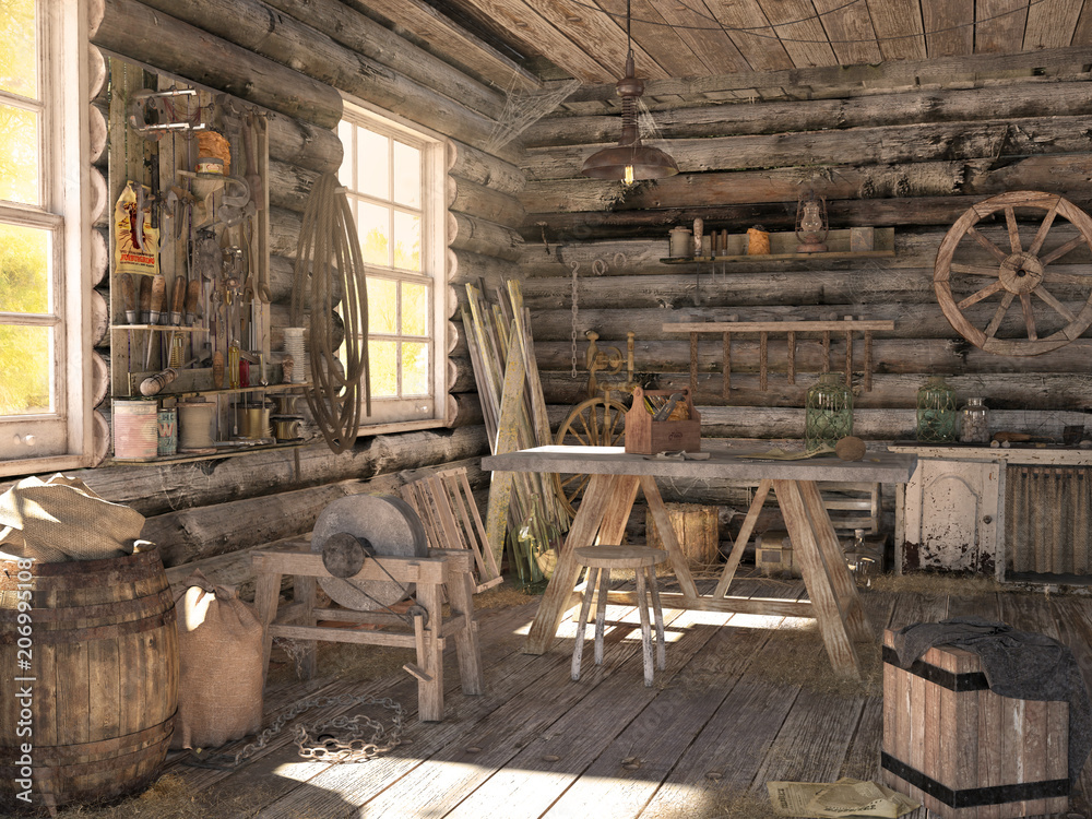 Interior of an old log barn. Workshop with many old things and working  tools. 3D visualization. Illustration Stock