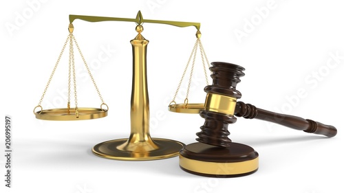 Justice concept court gavel and scales, 3d rendering