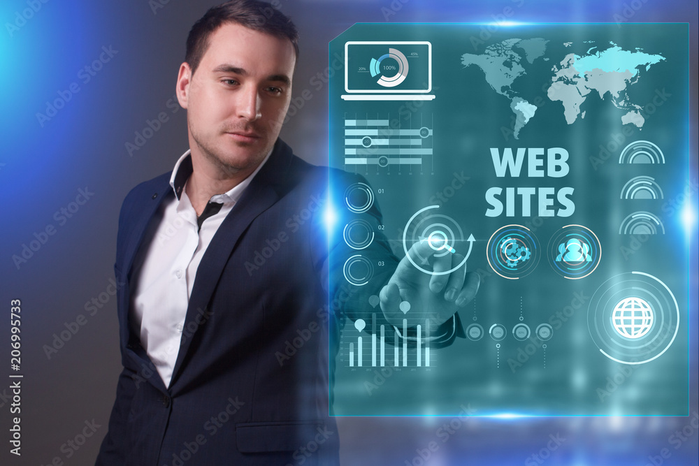 Business, Technology, Internet and network concept. Young businessman working on a virtual screen of the future and sees the inscription: Web sites Business, Technology, Internet and network concept. Young businessman working on a virtual screen of the future and sees the inscription: Web sites