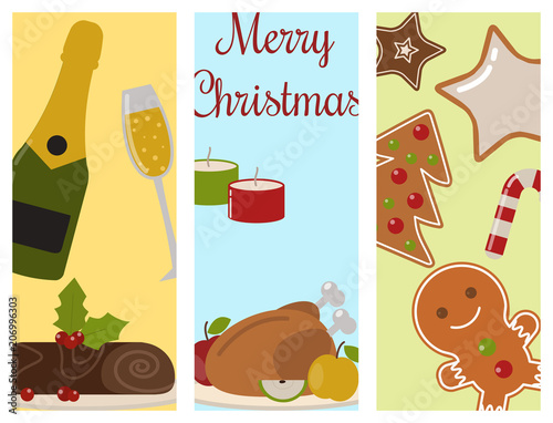 Set of traditional christmas food flayer desserts holiday decoration xmas sweet celebration dessert vector illustration.