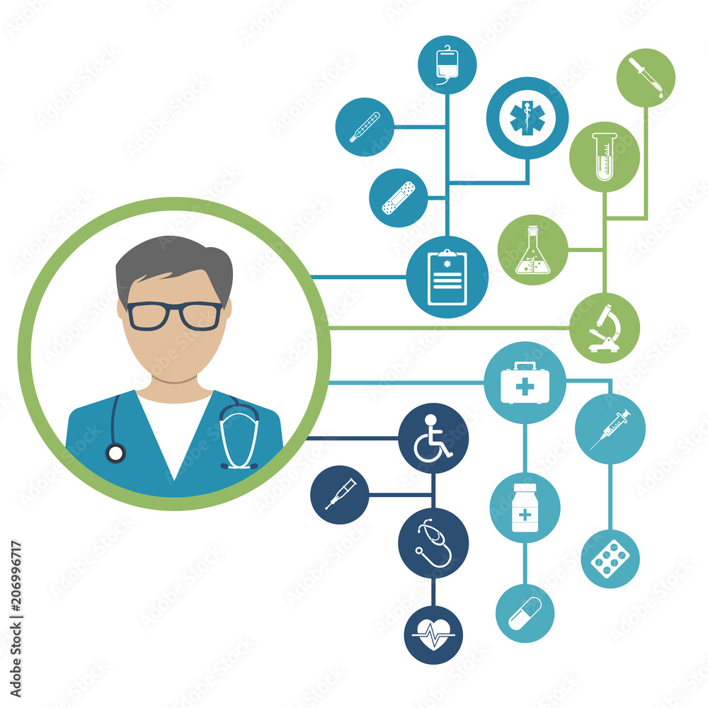 Medical concept background. Icons of medical equipment, diagnostics and medicine. Abstract medicine background. Illustration. Emergency doctor. Medical concept background. Icons of medical equipment, diagnostics and medicine. Abstract medicine background. Illustration. Emergency doctor.