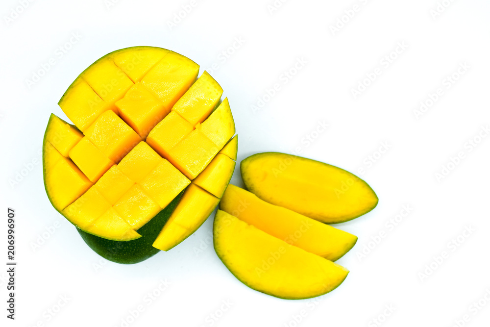 mango slices, cutted mango fruit isolated on white background