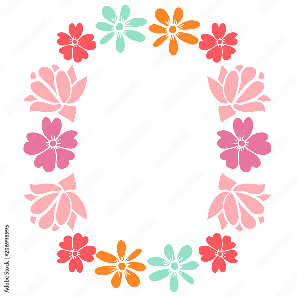 Cute round floral frame with flowers, succulents isolated on white background. Vector illustration.