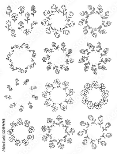 Set of floral elements. Flower wreath. Floral round frame isolated on white background. Vector illustration.