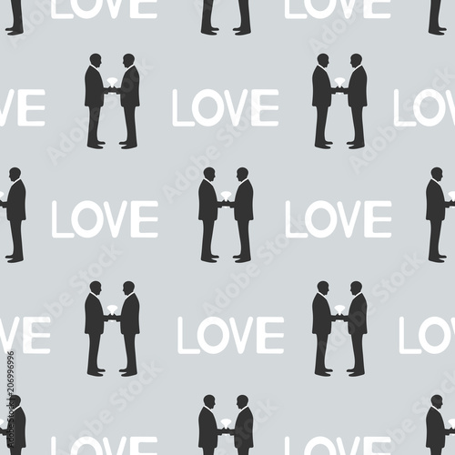 Seamless pattern with silhouettes of the grooms and words Love. Same-sex marriage.