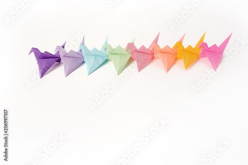 Fototapeta Naklejka Na Ścianę i Meble -  Multi-colored cranes of origami. To put a crane at a lesson of origami