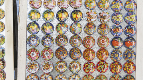 View of a closeup souvenirs shop in the baroque town of Noto in the province of Syracuse in Sicily, Italy