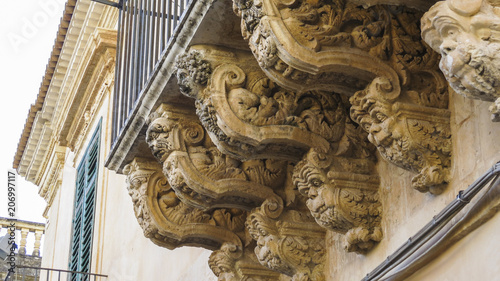 View of a closeup building in the baroque town of  Noto in the province of Syracuse in Sicily, Italy