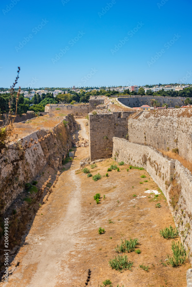 View of city walls next to Grand master palace (Rhodes, Greece)
