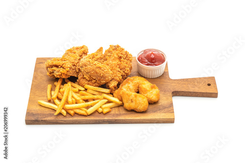 fried chicken with french fries and nuggets meal (junk food and unhealthy food)