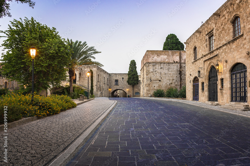 Old medieval buildings in old town in City of Rhodes (Rhodes, Greece)