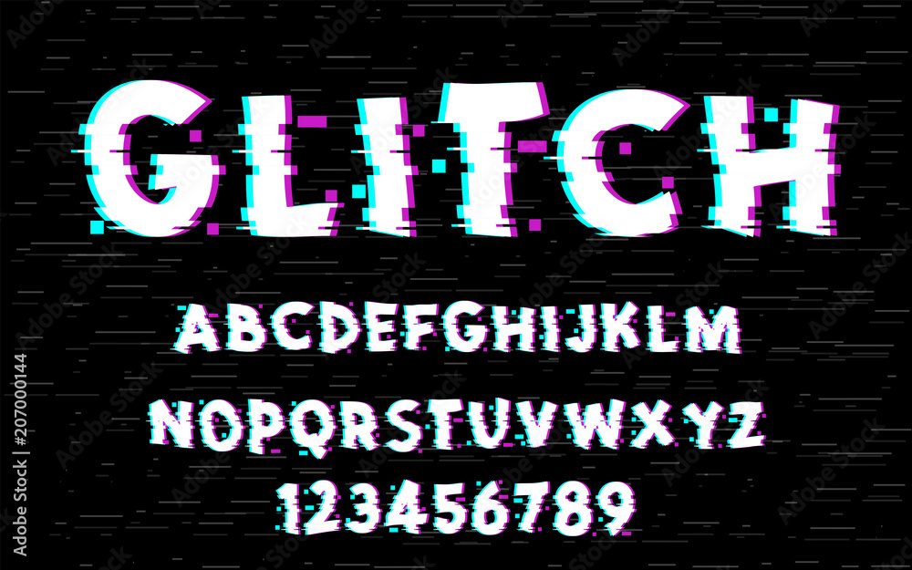Latin alphabet. Trendy style distorted glitch typeface. Letters and numbers vector illustration.