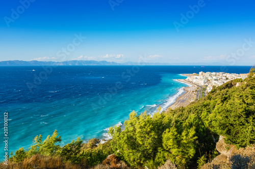 View of Aegean coast of City of Rhodes, Turkish coast in background (Rhodes, Greece)