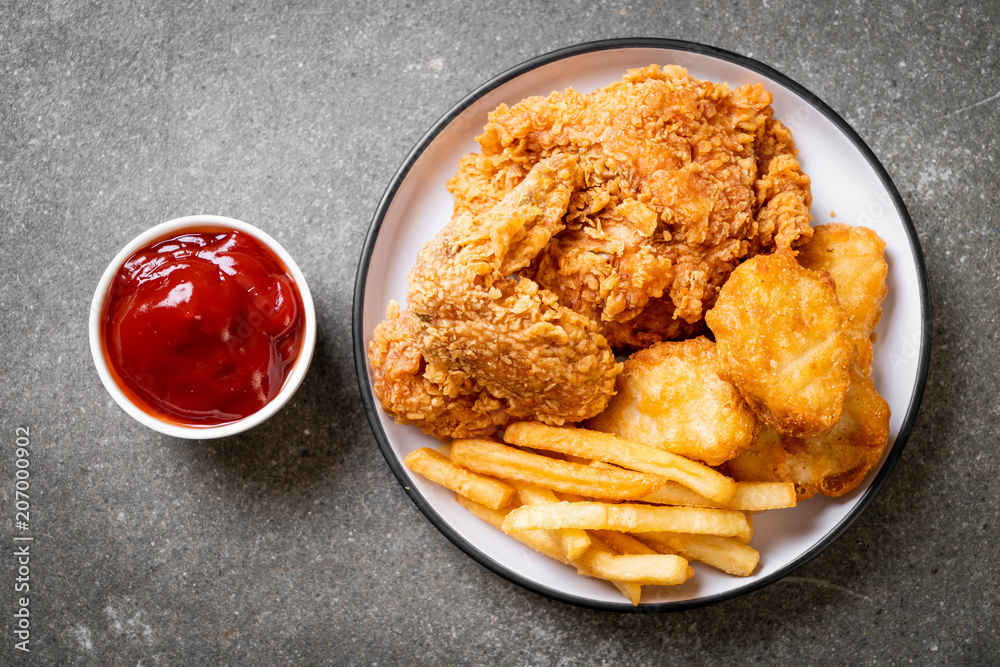 fried chicken with french fries and nuggets meal fried chicken with french fries and nuggets meal