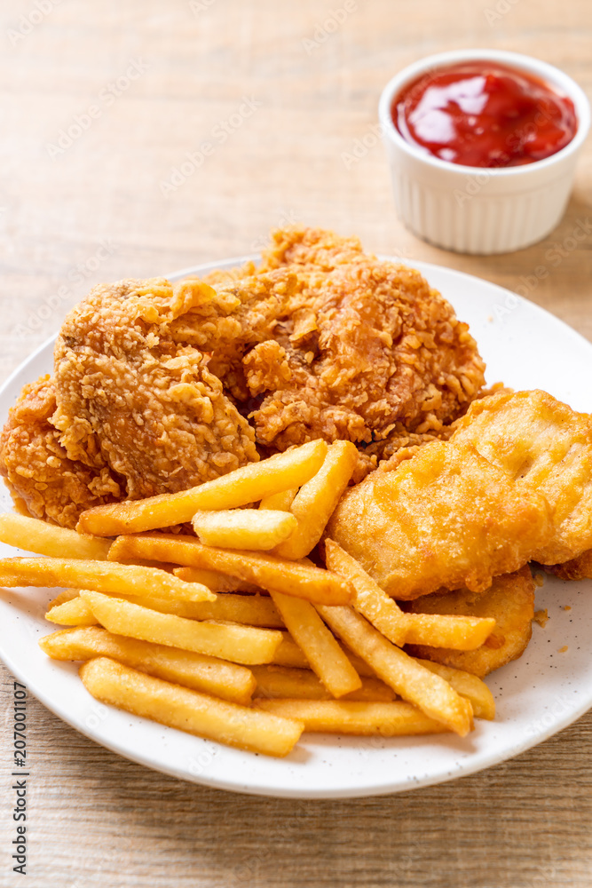 fried chicken with french fries and nuggets meal fried chicken with french fries and nuggets meal