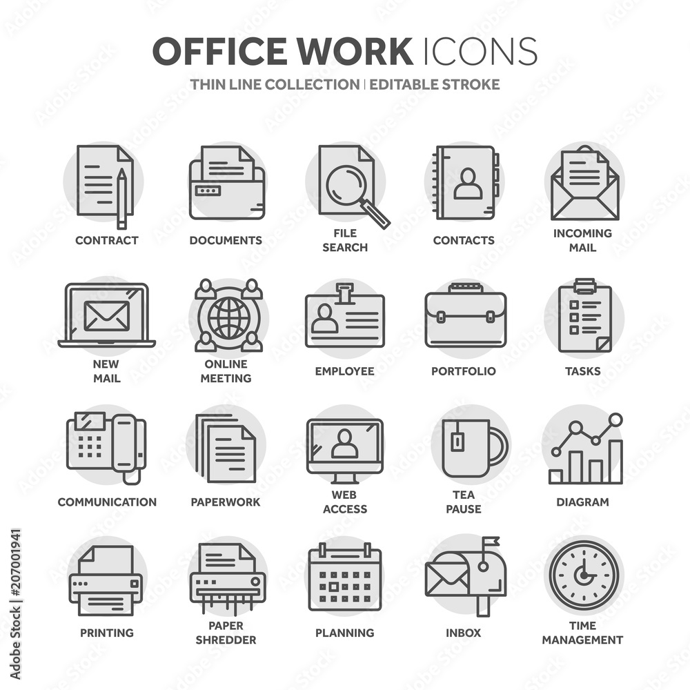 Business and office work. Documents, paperwork. Businessman. Thin line black web icon set. Outline icons collection. Circle element. Business and office work. Documents, paperwork. Businessman. Thin line black web icon set. Outline icons collection. Circle element.