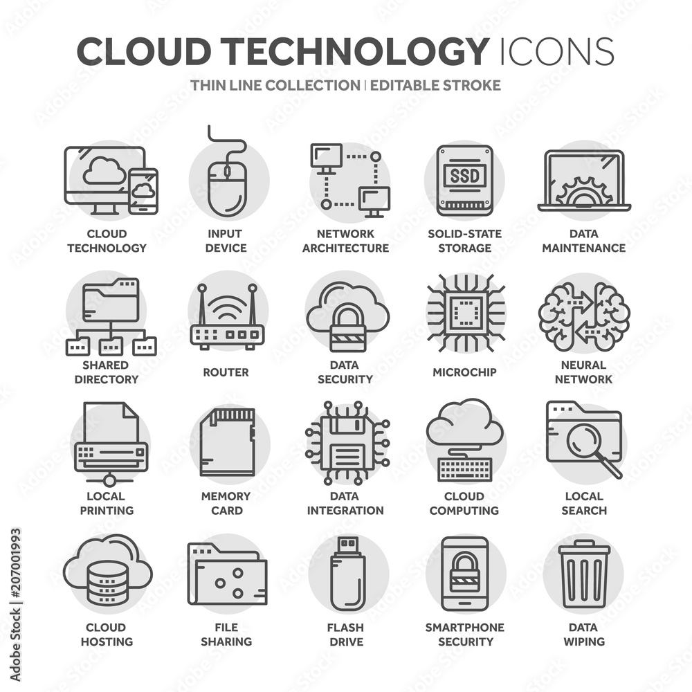 Cloud computing. Internet technology. Online services. Data, information security. Connection. Thin line black web icon set. Outline icons collection.Circle element. Cloud computing. Internet technology. Online services. Data, information security. Connection. Thin line black web icon set. Outline icons collection.Circle element.