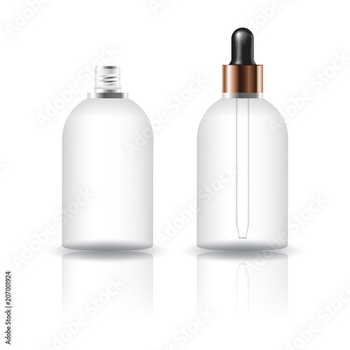 Blank clear cosmetic round bottle with dropper lid for beauty product packaging. Isolated on white background with reflection shadow. Ready to use for package design. Vector illustration.