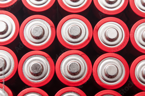 closeup of red and silver aa alkaline batteries group