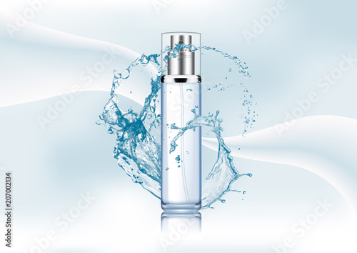 Vector illustration.Empty silver and blue package for cosmetic products with pump, tube for lotion, tonic, cream. Realistic mockup of glass container with batcher.Abstract stylish gradient background.