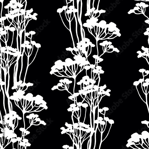  floral seamless pattern with white grass watercolor in hand drawn sketch style. Summer background on black