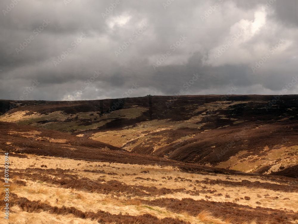 a view of oxenhope moor in west yorkshire with brown dry grass and heather against a grey dramatic cloudy sky