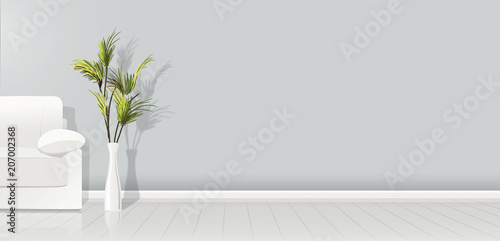Element of architecture - vector background grey empty wall width white sofa and plant - vector illustration