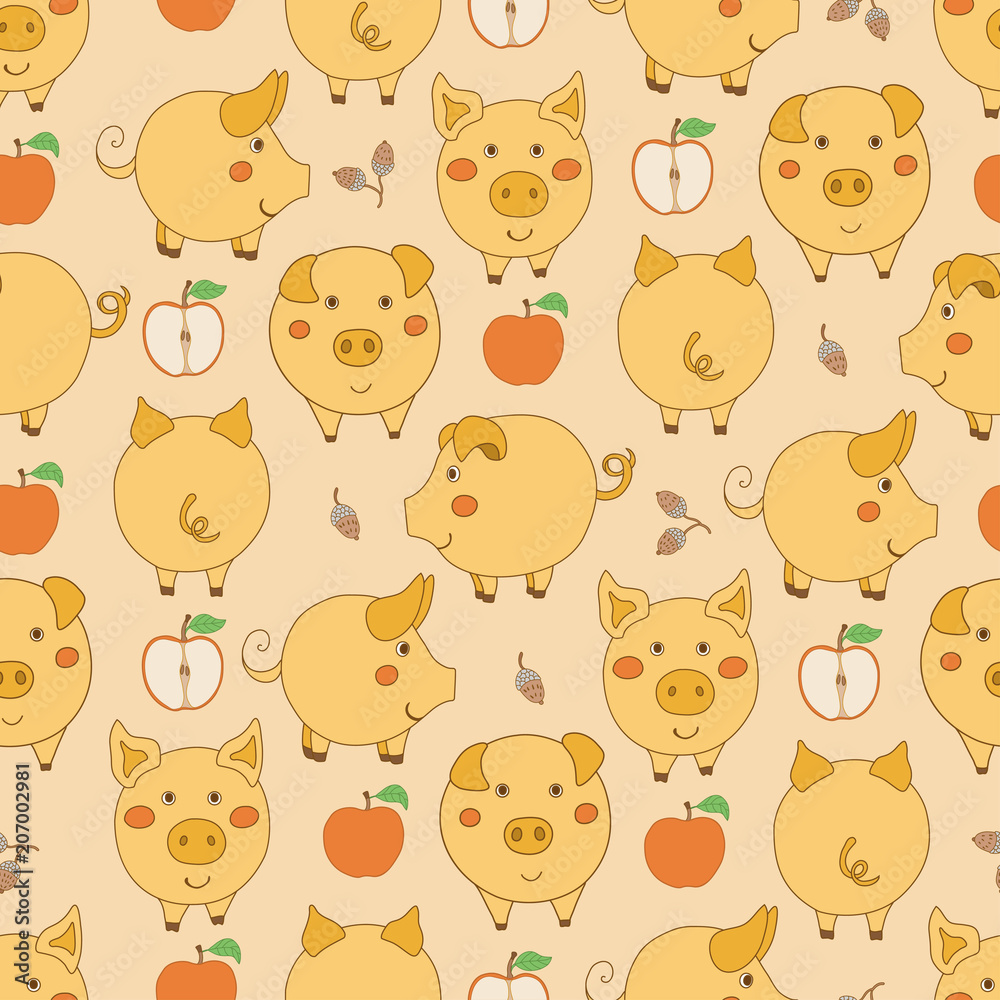 Seamless pattern with cartoon yellow pigs, apples and acorns on vanilla background.