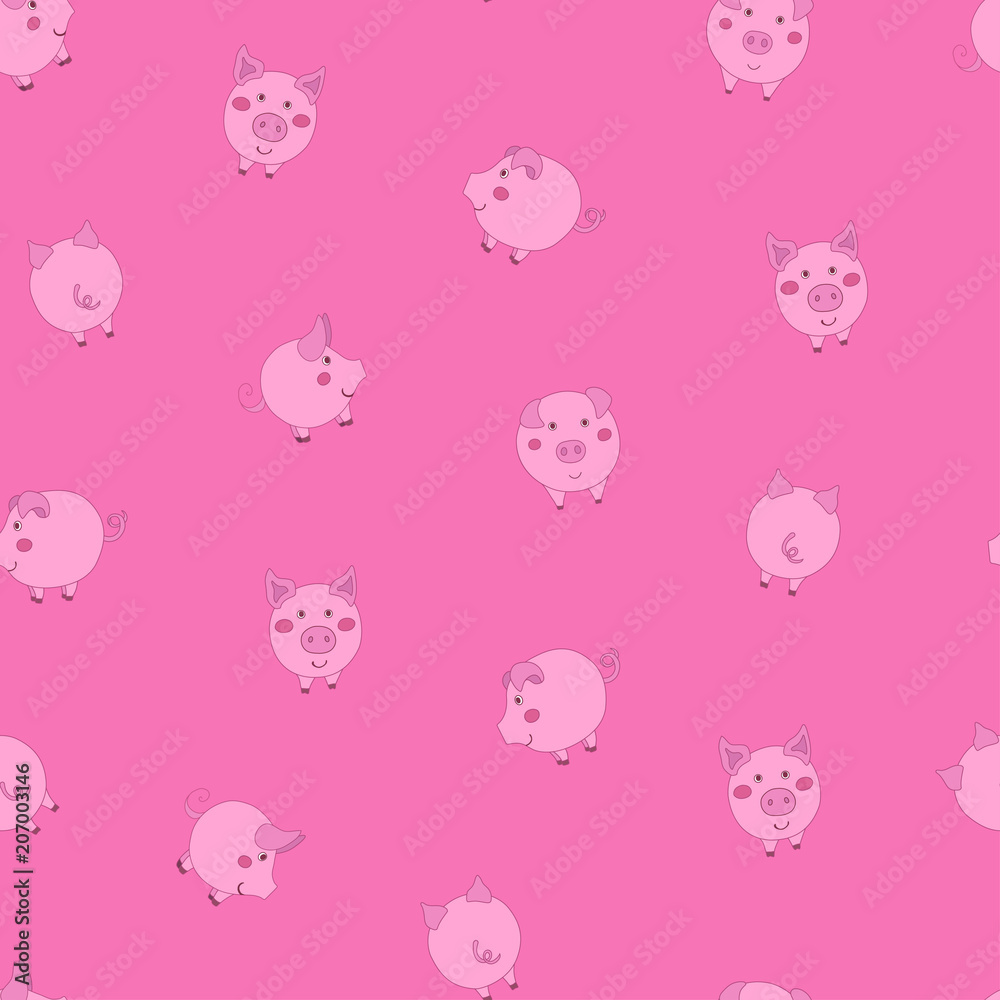 Seamless pattern with cute cartoon small pink pigs on dark pink background.