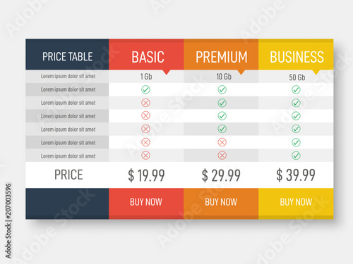 Price table for websites and applications. Business template in flat style. Vector illustration