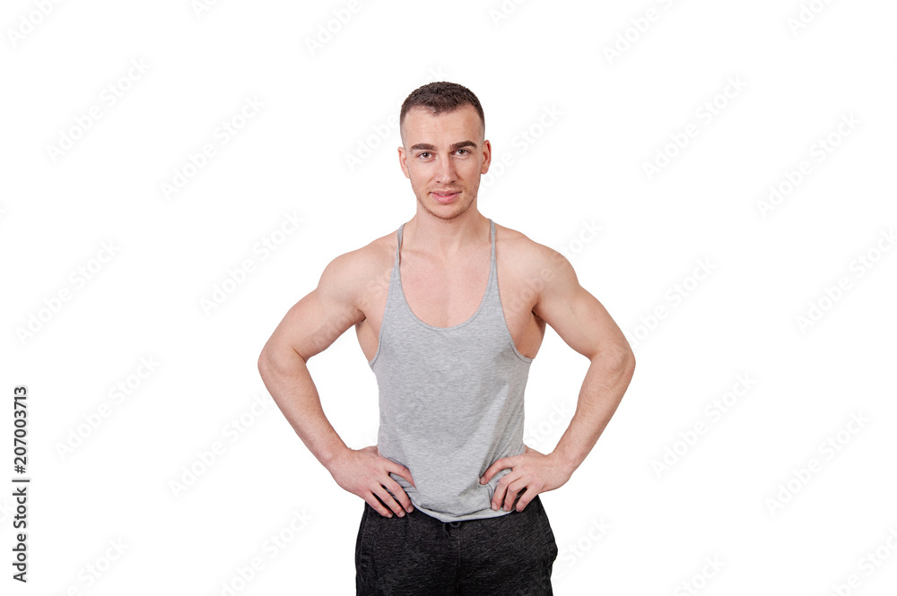Portrait of young trainer fitness man over white background