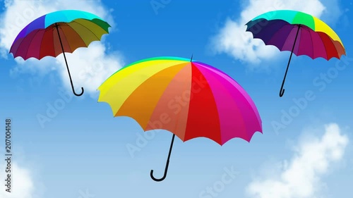 colorful umbrellas rotation and flying up on a blue cloudy sky background animation seamless loop 3d illustration render