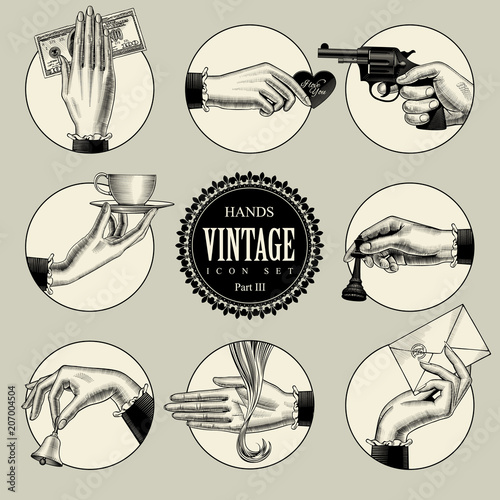 Set of round icons in vintage engraving style with hands and accessories