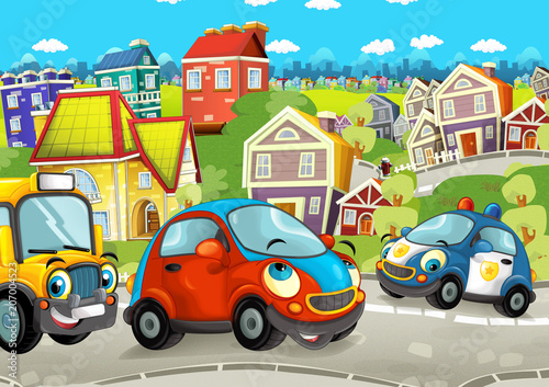 cartoon scene with happy cars on the street driving through the city - illustration for children © honeyflavour
