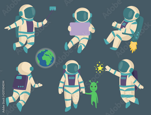 Vector astronauts in space, working character and having fun spaceman galaxy atmosphere system fantasy traveler man.