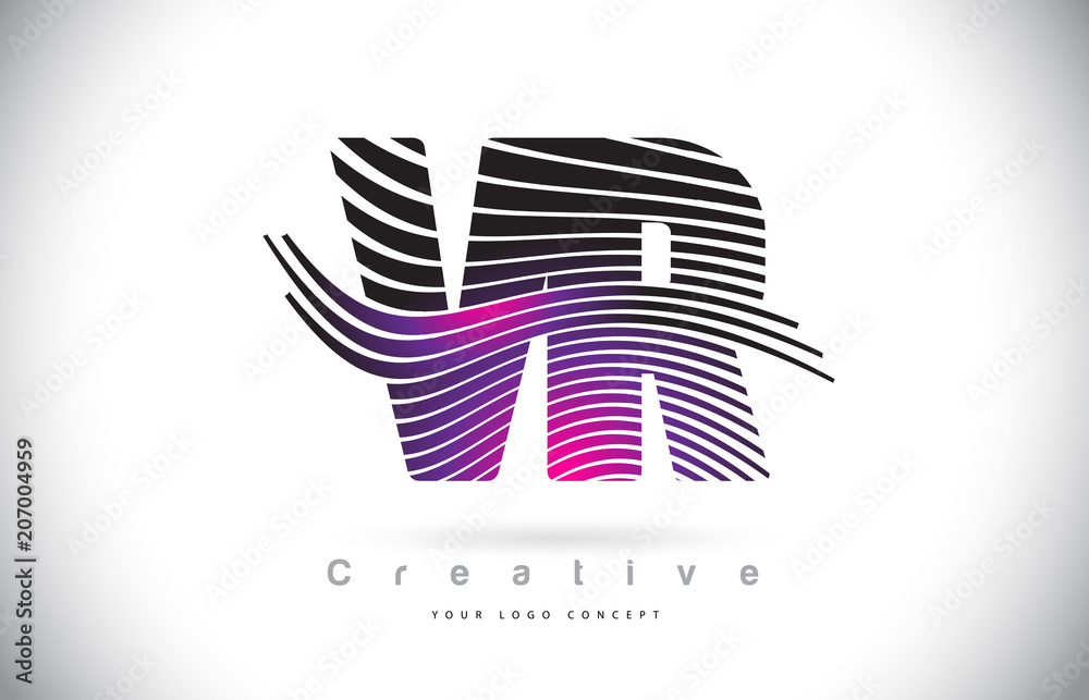 VR V R Zebra Texture Letter Logo Design With Creative Lines and Swosh in Purple Magenta Color. VR V R Zebra Texture Letter Logo Design With Creative Lines and Swosh in Purple Magenta Color.